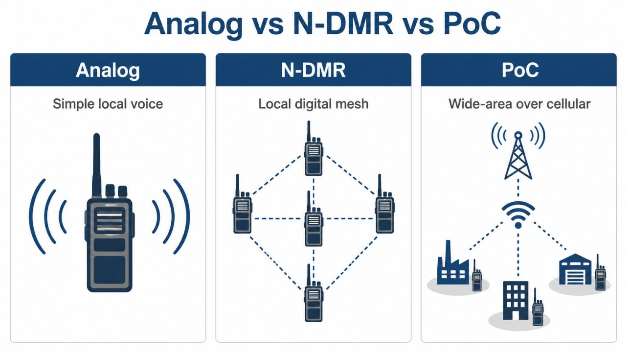 Analog vs N-DMR vs PoC radio comparison diagram
