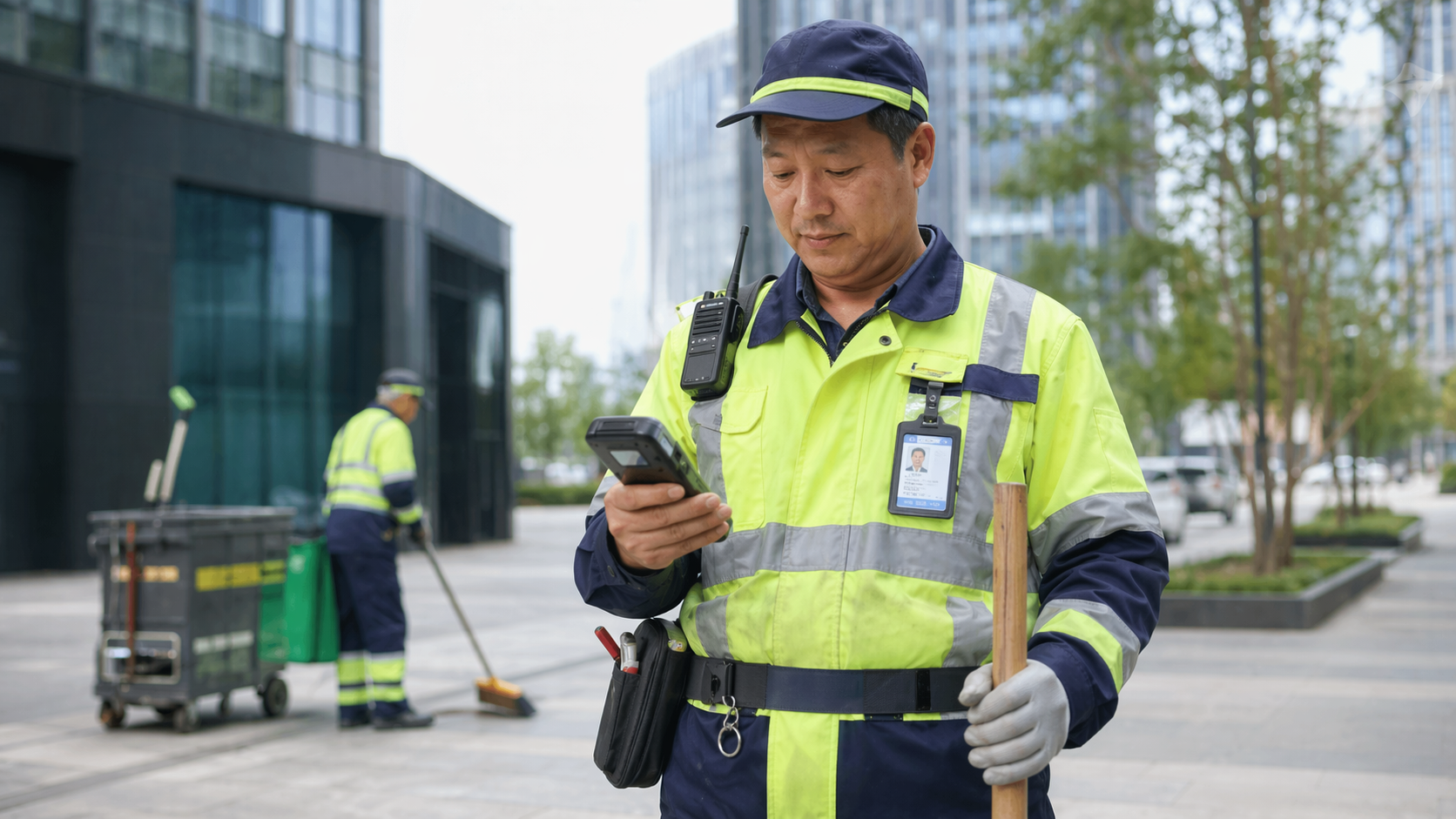 Sanitation worker using electronic badge terminal